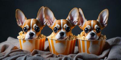 drei süß Chihuahua mit Popcorn Aufpassen ein Film im Kino. ai generiert foto