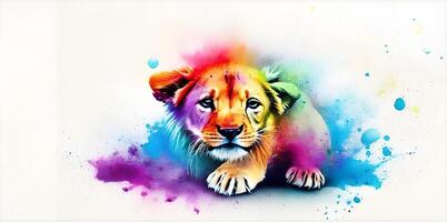 Löwe spielen im bunt Wasser Farbe , schmutzig mit Farbe Spritzen ai generiert. foto