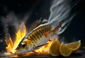 gegrillt saftig Gelbschwanz Fisch auf Feuer. ai generiert foto