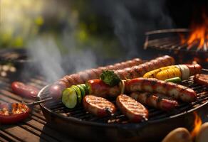 gegrillt Würste und Gemüse auf ein flammend Grill Grill. ai generiert foto