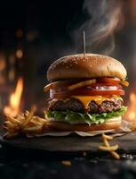 lecker Burger mit Französisch Fritten. ai generiert foto