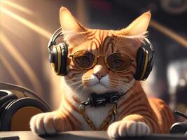 Ingwer dj Katze mit Sonnenbrille und Kopfhörer. ai generiert foto