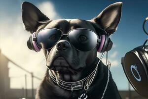 schwarz dj Hund mit Sonnenbrille und Kopfhörer spielen Musik. ai generiert foto