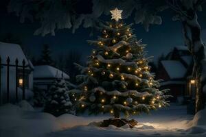 dekoriert Weihnachten Baum draussen beim Nacht. ai generiert foto