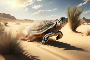 schnell Schildkröte Laufen beim voll Geschwindigkeit im das Wüste. ai generiert foto