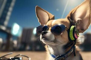 dj Chihuahua mit Sonnenbrille und Kopfhörer spielen Musik. ai generiert foto