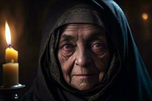 ein Porträt von ein sehr alt Frau im ein schwarz Burka. ai generiert foto