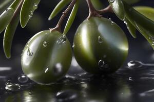 Foto Nahansicht Oliven mit Wasser Tropfen. ai generiert