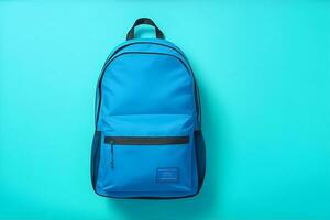 Blau Rucksack auf Blau Hintergrund. zurück zu Schule. ai generiert foto