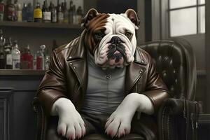 Bulldogge gekleidet im ein Leder Jacke Sitzung im ein Stuhl. ai generiert foto