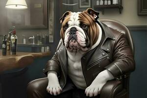 Bulldogge gekleidet im ein Leder Jacke Sitzung im ein Stuhl. ai generiert foto