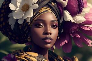 schwarz Frau im afrikanisch Turban, Mode auf Blume Hintergrund. ai generiert foto