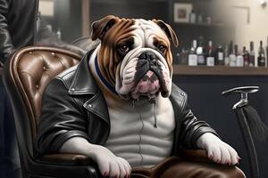 Bulldogge gekleidet im ein Leder Jacke Sitzung im ein Stuhl. ai generiert foto