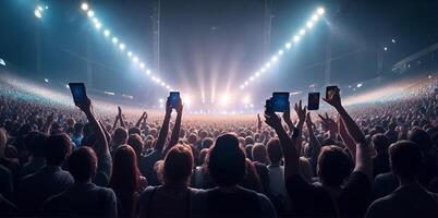 ein Menge von Menschen beim ein Leben Fall, Konzert oder Party halten Hände und Smartphones hoch. ai generiert foto