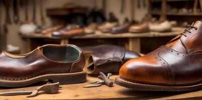 ein Schuhmacher oder Schuh Handwerker Arbeit Bank, . ai generiert foto