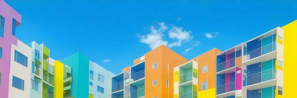 bunt Gehäuse. ein Gehäuse Komplex, Wohnung oder multi Fußboden wohnhaft Gebäude mit jeder Einheit im anders Farben. ai generiert foto