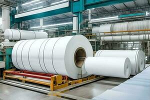 Innerhalb ein Papier Mühle oder Papier Produktion Fabrik. ai generiert foto