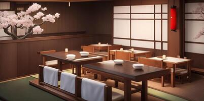 japanisch Restaurant. Tabellen im ein klassisch Stil traditionell japanisch Stil Restaurant. ai generiert foto