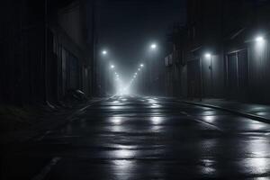 Mitternacht Straße oder Gasse mit Auto Scheinwerfer spitz diese Weg. ai generiert foto