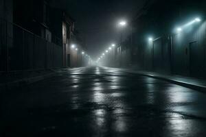 Mitternacht Straße oder Gasse mit Auto Scheinwerfer spitz diese Weg. ai generiert foto