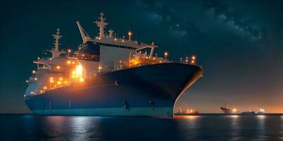 Öl Tanker angedockt im ein Off-Shore Dock beim Nacht oder Dämmerung Meer. ai generiert foto