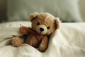 Teddy Bär mit Binde Verlegung im Bett. generativ ai foto