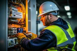 männlich kommerziell Elektriker beim arbeiten. ai generiert foto