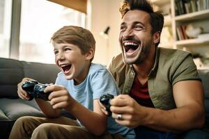Vater und Sohn Lachen und abspielen Video Spiele zusammen. ai generiert foto