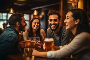 freunde genießen Bier Bindungen Glück. ai generiert foto