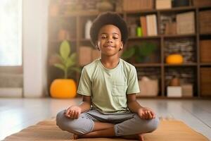 glücklich afro Junge im Lotus Pose. ai generiert foto