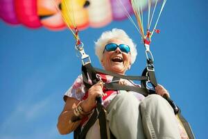 reifen Senior weiblich auf ein Fallschirm. ai generiert foto