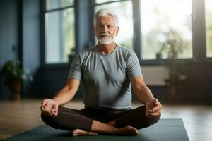 reifen Senior Mann üben Yoga beim Zuhause . ai generiert foto