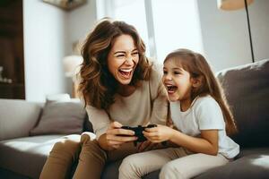 Mutter und Tochter Lachen und abspielen Video Spiele zusammen. ai generiert foto