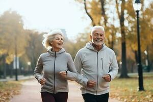 Porträt von schön glücklich Alten Paar auf Morgen Lauf draußen im Stadt Park. ai generiert foto