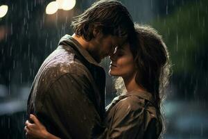 romantisch Paar umarmen im das Regen. ai generiert foto