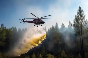 Feuerwehrmann Hubschrauber fallen lassen Wasser im ein Wald Feuer.. ai generiert foto