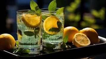 ein erfrischend cool trinken im ein Glas mit ein Scheibe von Zitrone und Minze Blätter auf ein Glas Tisch. ai generiert foto