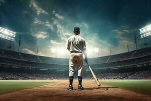 Baseball Spieler mit Schläger auf Baseball Feld, im das Stil von spektakulär Kulissen. ai generiert foto