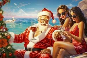 Santa claus ist im das Strand Trinken Martinis mit attraktiv Frauen. ai generiert foto