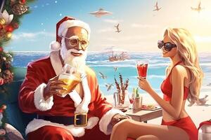 Santa claus ist im das Strand Trinken Martinis mit attraktiv Frauen. ai generiert foto