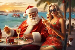 Santa claus ist im das Strand Trinken Martinis mit attraktiv Frauen. ai generiert foto