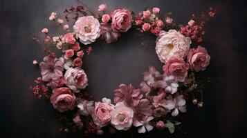 subtil texturiert Kranz von Licht Rosa gemalt Blumen. ai generiert foto