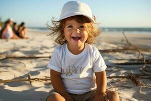 Weiß Baby T-Shirt Attrappe, Lehrmodell, Simulation, lächelnd süß Baby Modell- Sitzung auf das Strand. ai generiert foto