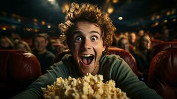 Mann Essen Popcorn im ein Film Theater, Sitzung und Essen Popcorn. ai generiert foto