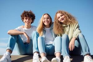 Porträt von 3 lächelnd Jugendliche tragen Jeans und Turnschuhe Sitzung auf das Wand, verschwommen Blau Himmel Hintergrund. ai generiert foto