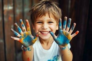Porträt von ein komisch Kind Junge zeigt an Hände schmutzig mit malen. ai generiert foto