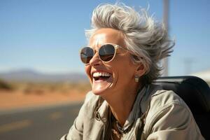 Porträt von ein lächelnd Senior Frau im Rollstuhl draussen Blau Himmel Hintergrund. ai generiert foto