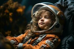 Porträt von wenig Kind Mädchen im ein Astronaut Kostüm. ai generiert foto