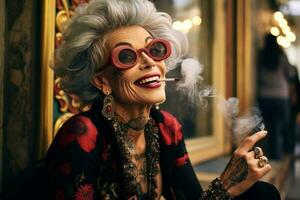 lächelnd alt tätowiert Mode Frau mit Fett gedruckt Haar Rauchen ein Zigarette. ai generiert foto