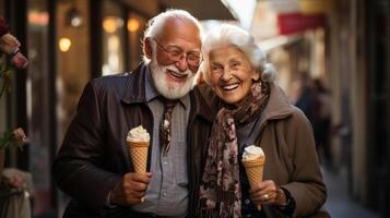 Süss Senior Paar Essen Eis Sahne ai generiert foto